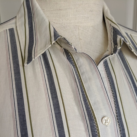 Lucky Brand Button Front Long Sleeve Vertical Striped Cream Blue Olive L NWT - Picture 6 of 8